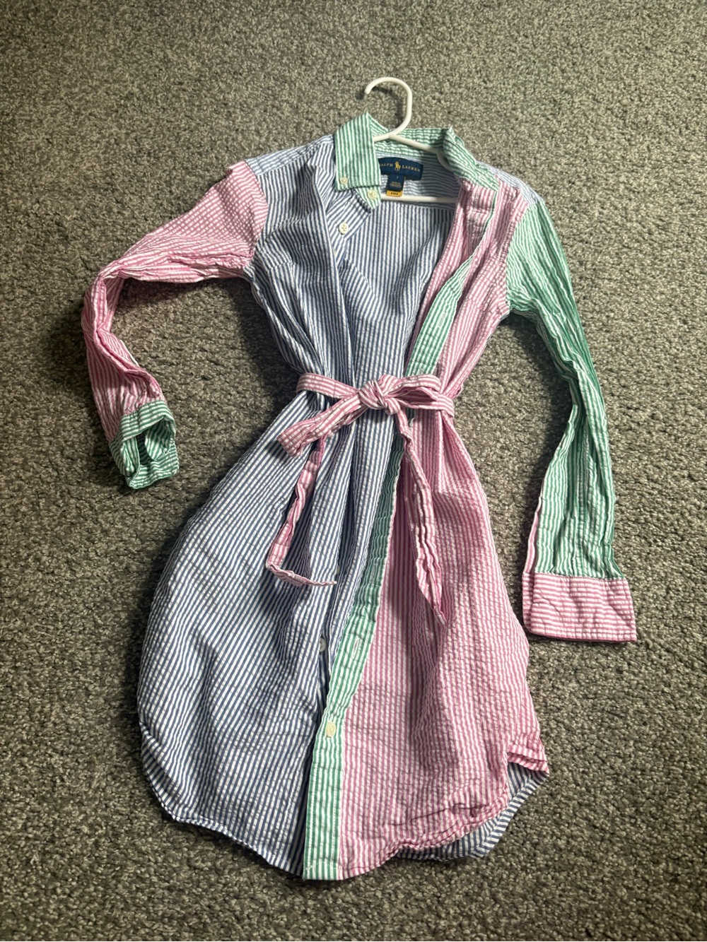 Ralph Lauren Seersucker Colorblock Stripe Long Sleeve Shirtdress Size 7